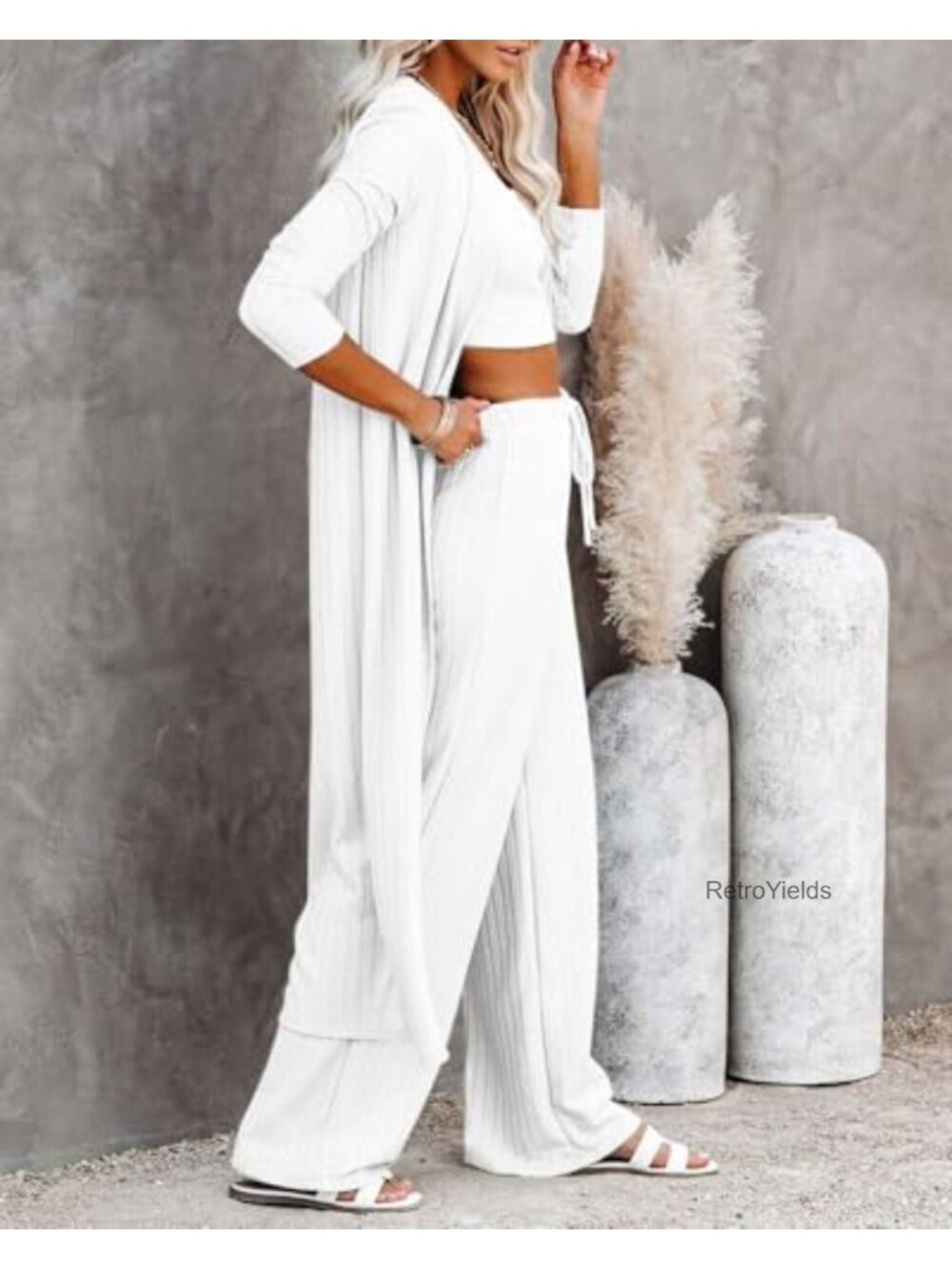 3 Piece Lounge Pajamas Set - Vest Top Wide Leg Pants Cardigan - Picture 2 of 6
